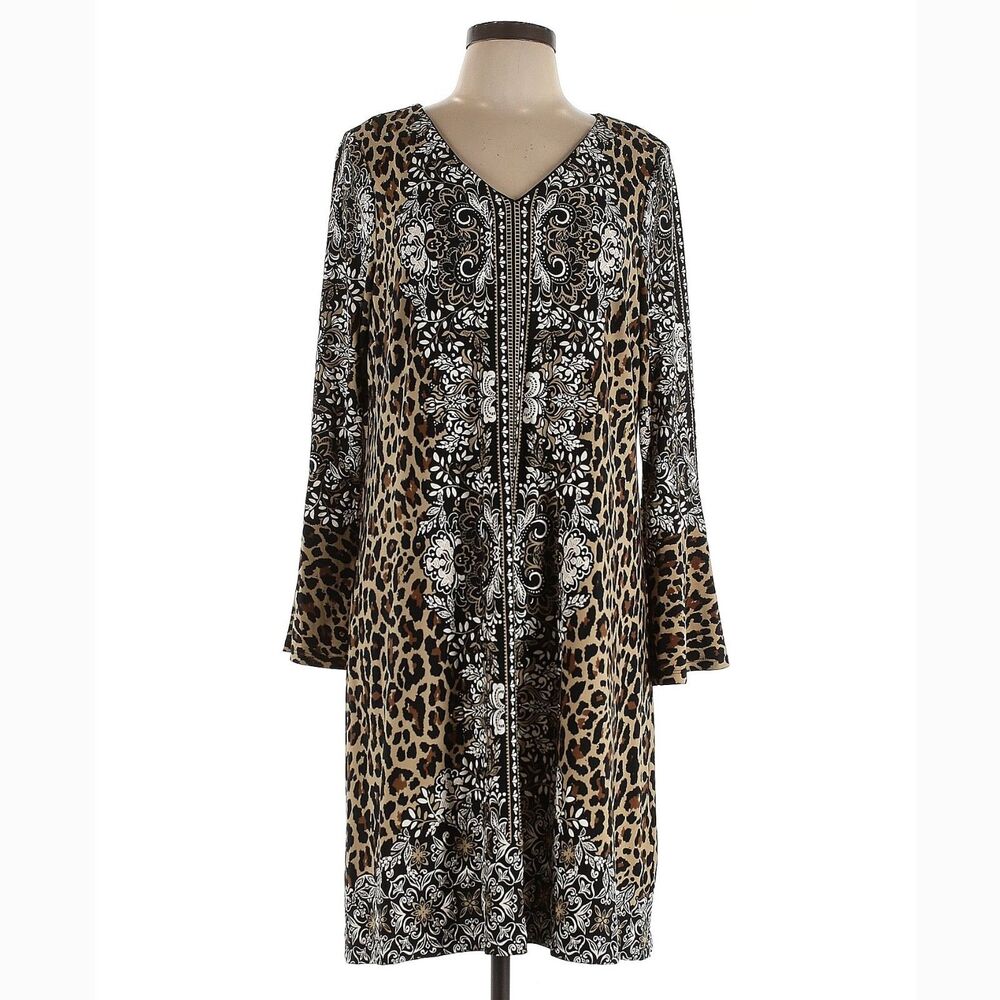 Robbie Bee Dress Women L Leopard Animal Midi Knit Stretch Bohemian Glam Regency